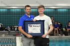 Jacob Cost DIII Swimming All American  Wheaton College Swimming & Diving head coach, Barrett Roberts '07, presents NCAA Division III All American certificate to Jacob Cost, ’19. - Photo by Keith Nordstrom : Wheaton, Jacob Cost, DIII, Swimming, All American
